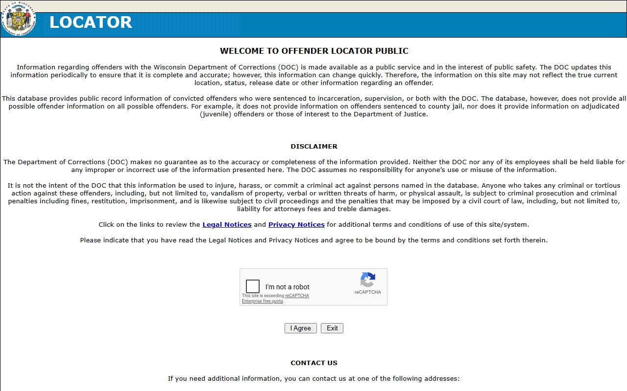 Vilas County inmate population Wisconsin DOC locator for sentenced prisoners